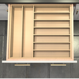 Nine spaces Drawer divider organizer. Two spaces going front to back on the left side, seven spaces  going left to right, Custom made for exactly your drawer size.